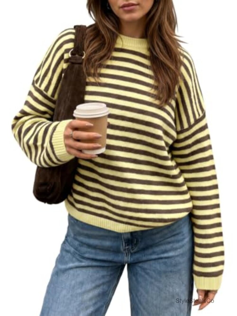 Striped Oversized Crew Neck Pullover Sweater Lantern Sleeve